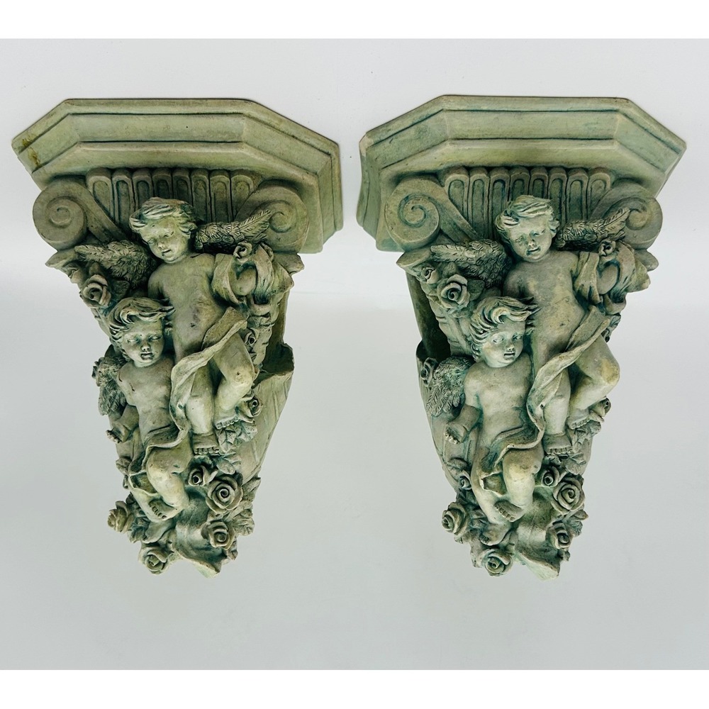 Wangs International Cherub Corbel Wall Shelf Pair Verdigris Resin WMC13
